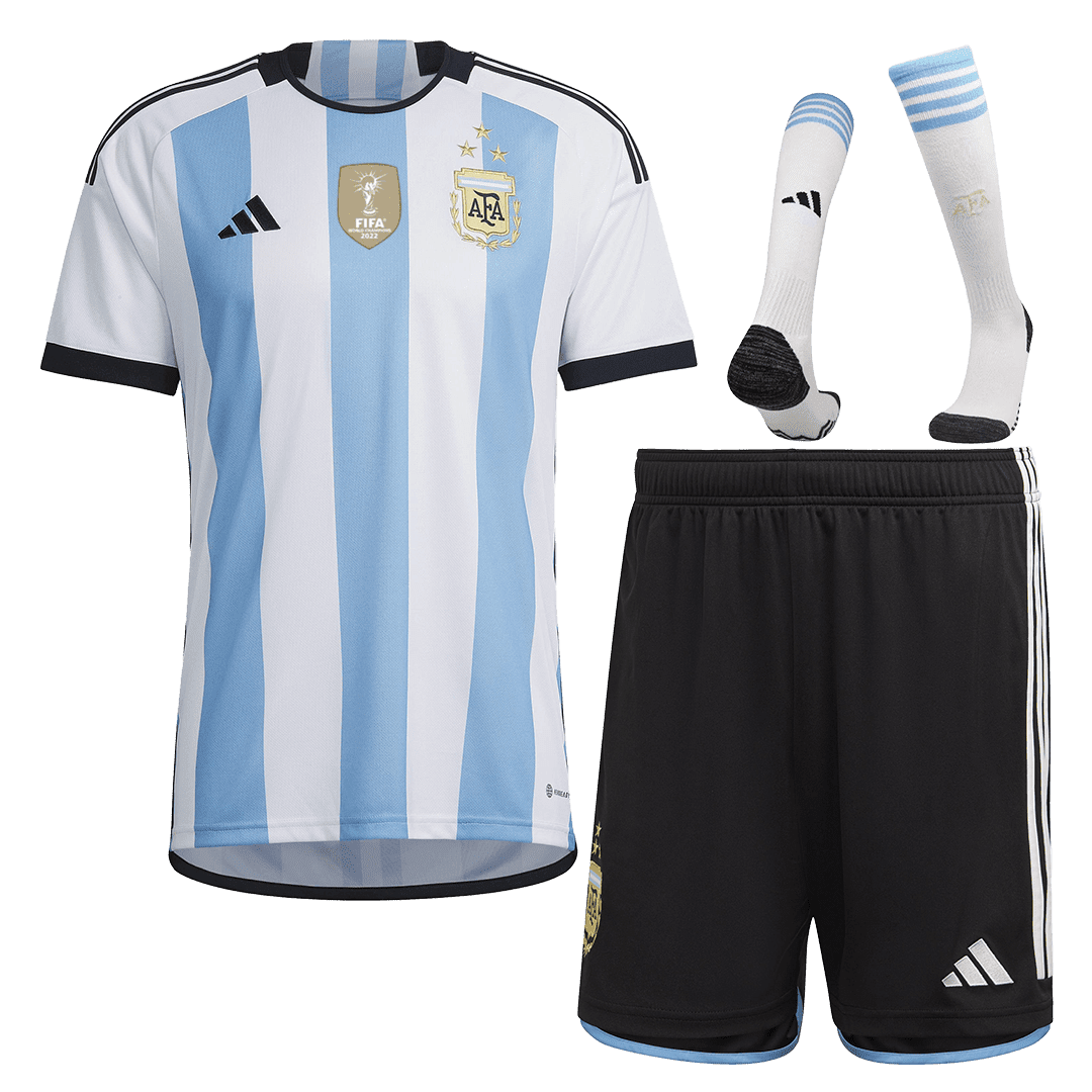 Men’s Replica Argentina Three Stars Edition Home Soccer Jersey Whole Kit (Jersey+Shorts+Socks) 2022