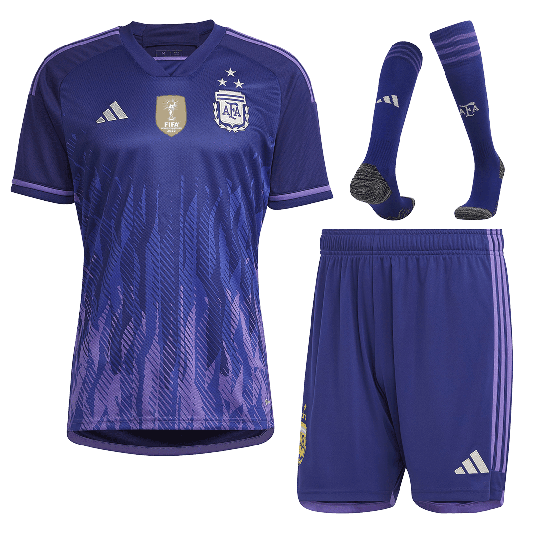 Men’s Replica Argentina Three Stars Edition Away Soccer Jersey Whole Kit (Jersey+Shorts+Socks) 2022 – World Cup 2022
